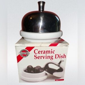 NORPRO Ceramic Individual Serving‎ Dish 18/10 Stainless Steel Lid In Box